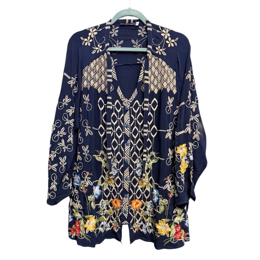 Johnny Was Luca Multi Embroidered Long Sleeve Button Front Tunic Blouse Women L - Picture 2 of 9